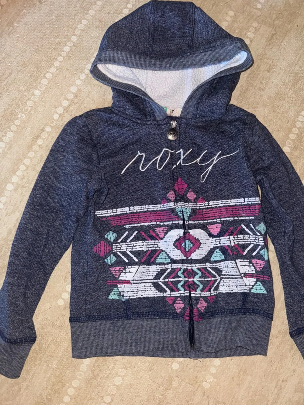 Roxy Girls Navy Heather Hoodie with Pink & Teal Aztec Print